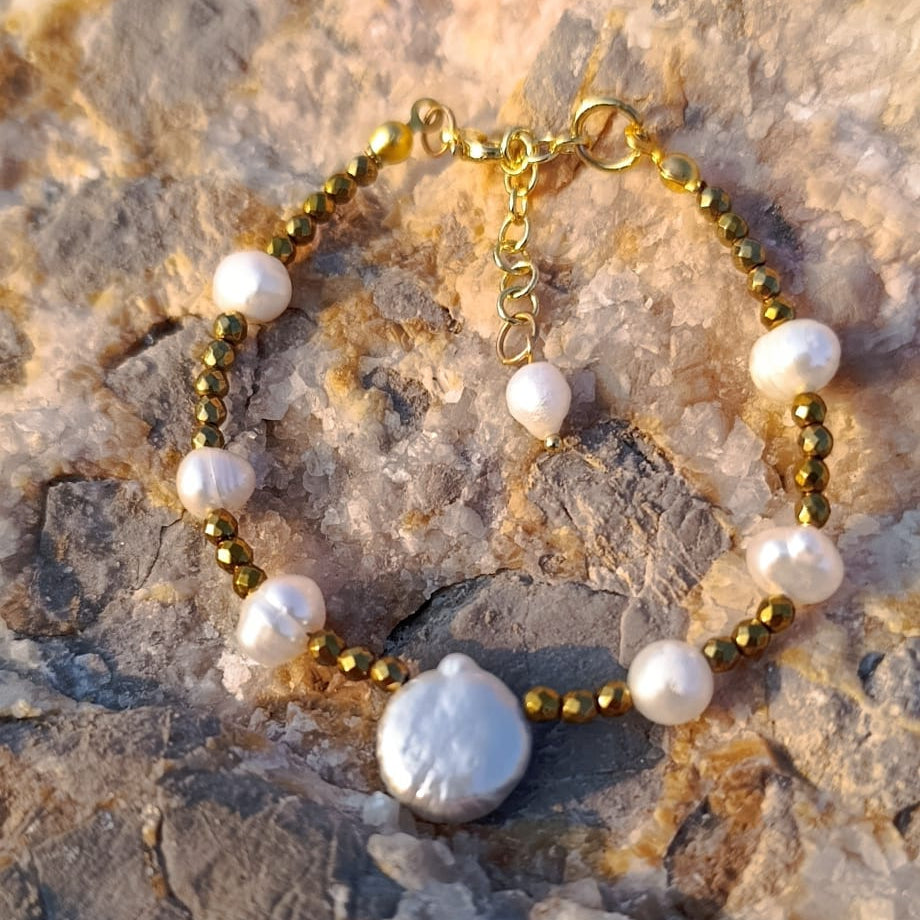 İnci ve Gold Hematitli Bileklik