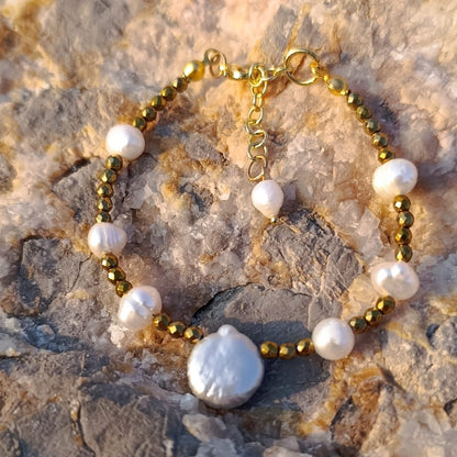İnci ve Gold Hematitli Bileklik
