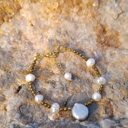 İnci ve Gold Hematitli Bileklik