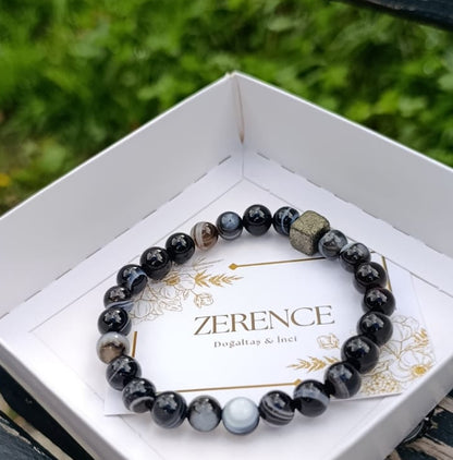 Siyah Akik ve Pirit Taşlı Bileklik