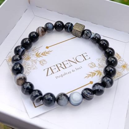 Siyah Akik ve Pirit Taşlı Bileklik