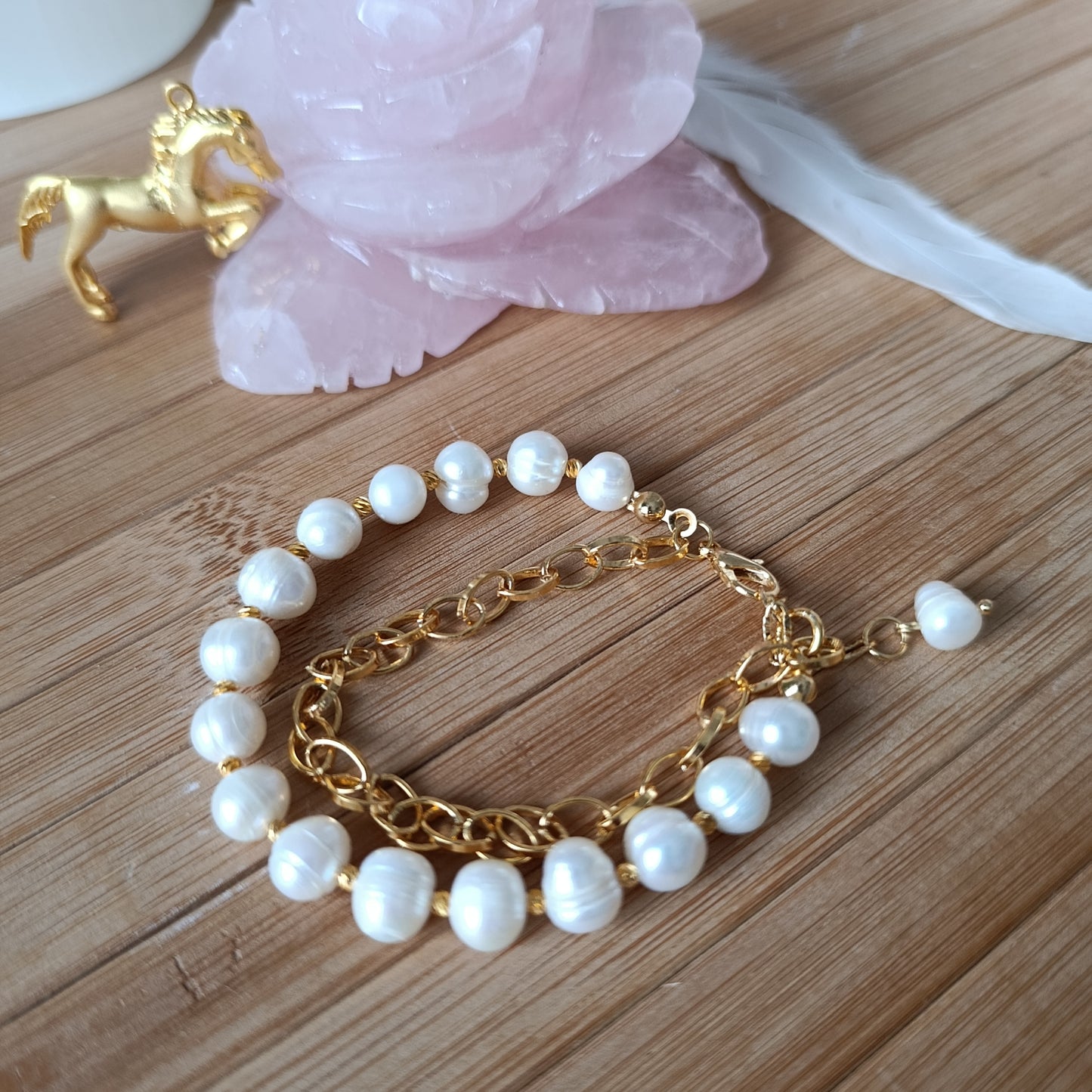 Zincirli Gold İnci Bileklik